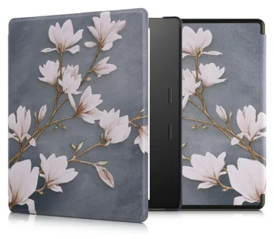 Produktbild von kwmobile Schutzhülle für Amazon Kindle Oasis 10. Generation Hülle - eReader Flip Case mit Auto Sleep Funktion - weiße Blumen mit Weiß Schwarz