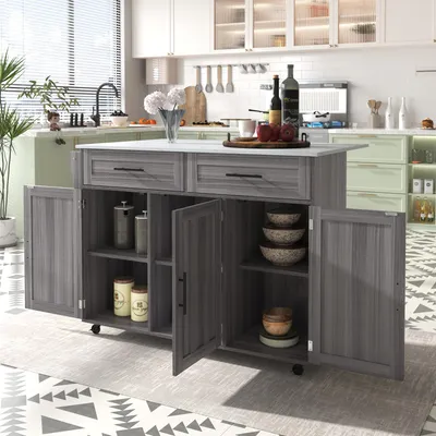 Image de MODFU Desserte de Cuisine Mobile avec Plateau Rabattable, 2 Tiroirs et Rangement Interne, Îlot à 4 Roulettes - Gris 120 × 71 × 91,5 cm