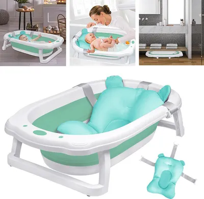 Image de XINZI Baignoire pliable pour bébé Baignoire pour enfants Baignoire de douche pour bébé avec coussin de bain ergonomique Peu encombrante Antidérapante Baignoire Verte