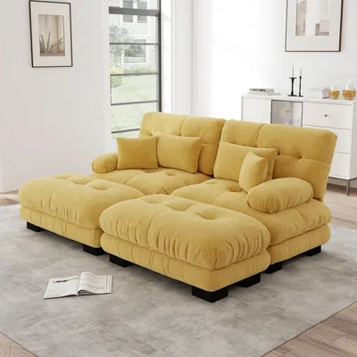 Produktbild von MODFU Zweisitzer Polstersofa mit mit 2 Lendenkissen und 2 Dekokissen,Loungesofa Chenille,mit 2 Ottoman,Modulares Sofa,Gelb
