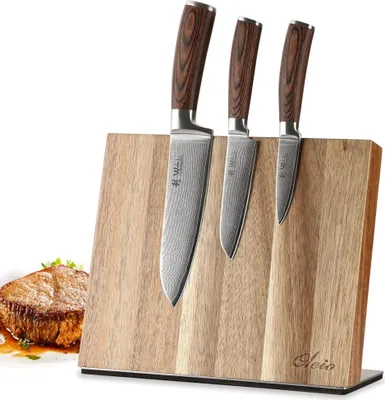 Immagine prodotto di Wakoli EDIB Set di coltelli Damasco 3 pezzi I Scatola di legno I Lama da 8 - 17 cm I con blocco coltelli