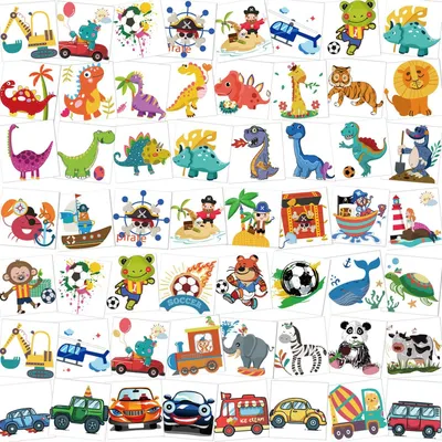 Produktbild von 96er Tattoo Set für Kinder - Piraten Fußball Tiere Fahrzeuge Dinosaurier Klebetattoos