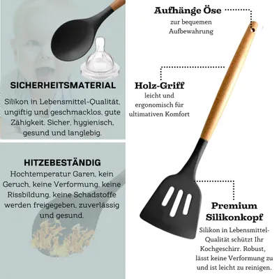 Produktbild von [12 tlg. Küchenhelfer Set] Silikon Kochbesteck Küchenutensilien mit Holzgriff Küchenzubehör, Farbe:Schwarz
