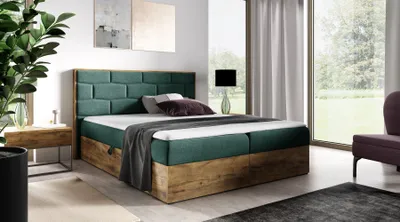 Produktbild von Kontinentales Bett 140x200 CHANTELLE 9 - Eiche Wotan / Grün + Matratzenauflage GRATIS