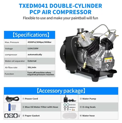 Zdjęcie produktu dla Kompresor powietrza TUXING TXEDM041, dwucylindrowy, 4500 PSI (300 bar), przeznaczony do napełniania butli do nurkowania o pojemności 6,8 litra, moc 2200W, wydajność 50 litrów/minutę