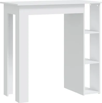 A white bar table with shelves on one side, shown against a white background.