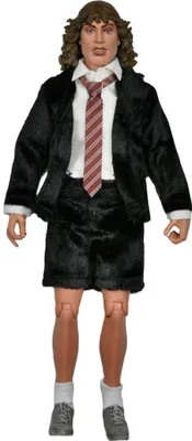 A full-body shot of an Angus Young action figure from AC/DC, dressed in his iconic schoolboy outfit.