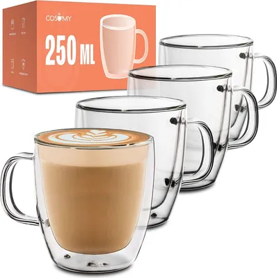 Produktbild von 4 doppelwandige Cappuccino Thermogläser mit Henkel 250ml - Halt die Temperatur länger - Schutz deine Hände - Mit Geschenkbox