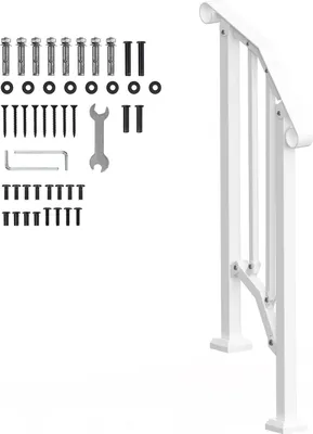 Image de SucceBuy Main courante 1-2 marches pour escaliers extérieurs, design blanc rétro en arc, kit main courante escalier. Rampe de transition en acier au carbone avec kit de montage. Idéal pour les personnes âgées, les marches en béton, les vérandas et les terrasses.