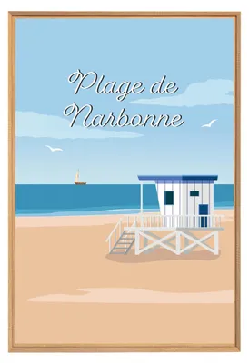 Image de Tableau mural encadré illustration plage Narbonne 65x97 cm, Tableau mural moderne pour décoration intérieure