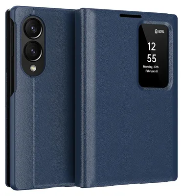Produktbild von Leder Flip Case für Samsung Galaxy Z Fold 8, Smart View Fenster Handyhülle mit Kartenfach Blau