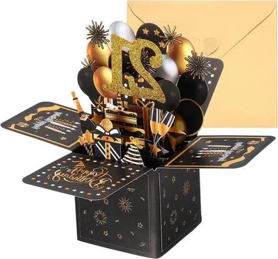 Image de Carte d'anniversaire 3D pop-up noir et or - Femmes et filles - Joli cadeau - Décoration - 21e anniversaire
