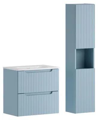 Productafbeelding van Hangend badkamermeubelset VANO denimblauw 90cm: onderkast met lades + witte inbouwwastafel + kolomkast