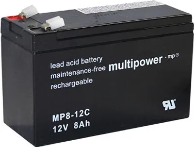 A black lead-acid battery with white text and logos.
