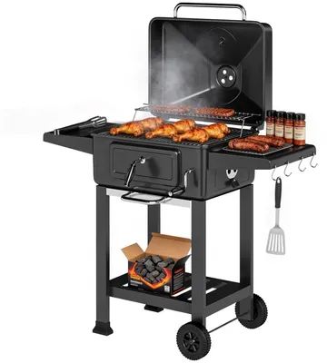 Produktbild von Holzkohlegrill BBQ Smoker mit Deckel Thermometer höhenverstellbar Kohlepfanne Grillrost Seitentisch Aschefach