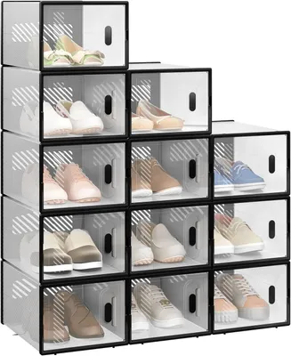 Produktbild von Schuhbox stapelbar, 12er Set, Schuhkarton mit magnetischer Tür, Kunststoffbox für Schuhaufbewahrung, faltbarer Schuhorganizer, 35x19x25 cm, transparent schwarz