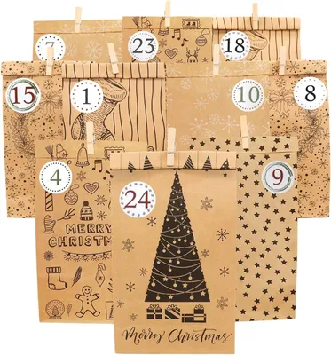 Image de Calendrier de l'Avent à personnaliser pour 2025-24, comprenant des petits sacs cadeaux imprimés, des autocollants numérotés et des pinces en bois