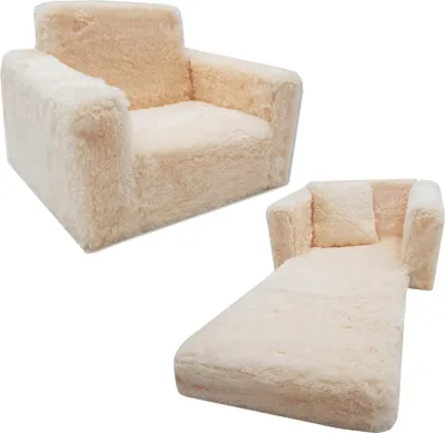 A cream-colored fluffy children's armchair is shown in two configurations: as a chair and as a reclined lounger.
