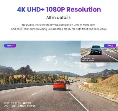 Imagen del producto de Cámara de tablero para coche - 4K Ultra HD - Cámara dual delantera y trasera - GPS - ADAS - Visión nocturna