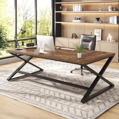 Großer Schreibtisch 200 cm, Holz & Metall, Bauernhaus-Stil