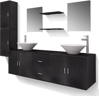 Produktbild von vidaXL 11-tlg. Badmöbel-Set mit Waschbecken und Wasserhahn Schwarz