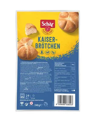 Produktbild von Dr. Schär Kaiserbrötchen, 240 g, Senf, Soja, Maisstärke , Wasser , Sauerteig (Reismehl, Wasser) 13% , pflanzliche Faser (Psyllium) , Hirsemehl..., Palmöl, Konservierungsmittel, 246 kcal, 1036 kJ