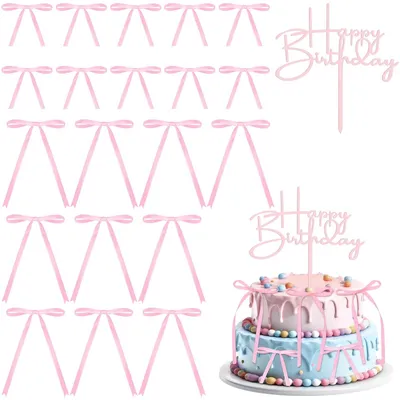 Torten-Deko-Set: 20 Schleifen + 1 Happy Birthday Topper, rosa
