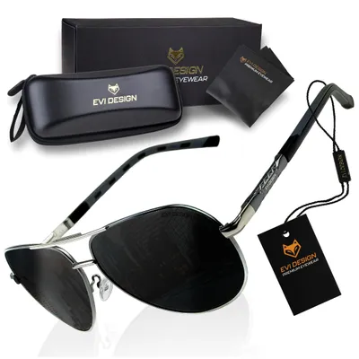 Produktbild von Aviator Sonnenbrille Herren Polarisiert UV400, klassische Pilotenbrille mit Metallrahmen, inkl. Etui & Zubehör-Set, EVI DESIGN, Schwarz
