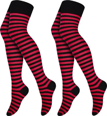 Produktbild von 2 Paar Overknees Damen und Teenager - Lange Baumwoll Socken in Uni oder Ringel Design - Strümpfe für Alltag, Karneval und Halloween - Schwarz/Rot - OneSize