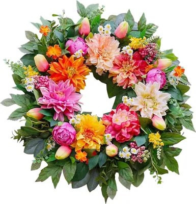 Produktbild von Herbstlicher Türkranz, 40 cm Durchmesser, künstlicher Blumenkranz mit Pfingstrosen und Dahlienblättern, für Landhausstil, drinnen und draußen, Veranda, Wanddekoration