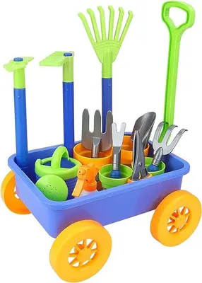 Productafbeelding van Speelset kinderwagen, kruiwagen en tuingereedschap met 10 accessoires en 4 bloempotten