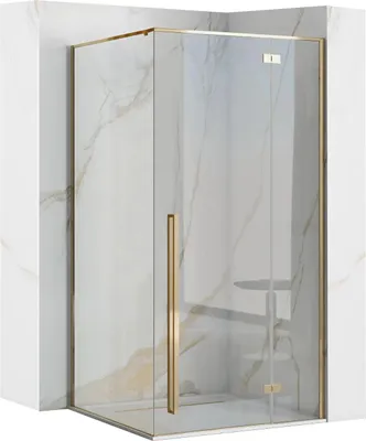 A modern shower cabin with gold accents, set against a marble-tiled wall.