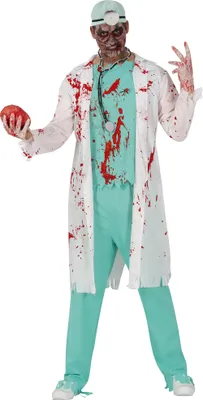 A person dressed as a zombie doctor, holding a prop organ.