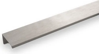 A single brushed metal cabinet handle is shown against a white background.