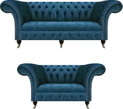 Zdjęcie produktu dla Komplet mebli tapicerowanych, fotele dwuosobowe i trzysobowe, luksusowe sofy, tkanina, styl Chesterfield