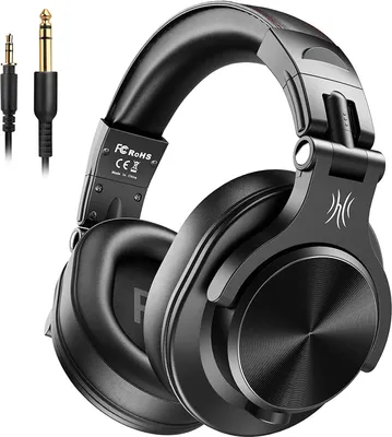 A pair of black over-ear headphones with audio cables and connectors.