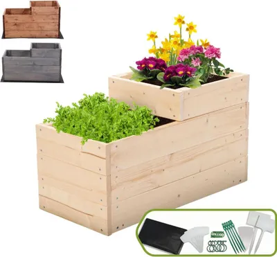 Produktbild von MODO24 Hochbeet Holz, Pflanzkasten, Massivholz, Kiefer, Kräuterbeet, Blumenkasten, Garten, Terrasse, 36x30x63 cm, Natur, ZP07
