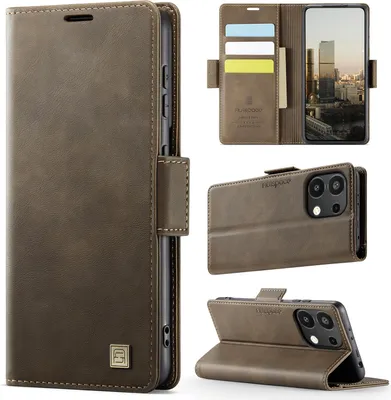 Produktbild von Lederhülle für Xiaomi Redmi Note 13 4G, RFID Schutz Handyhülle mit Magnetverschluss, Kartenfächern und Ständer Braun