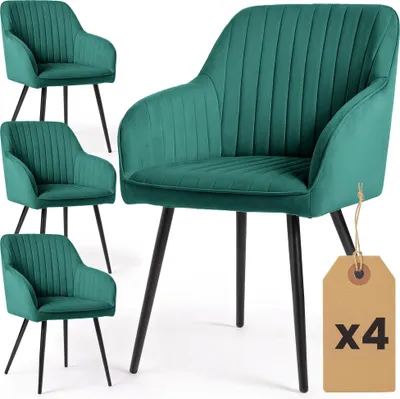 Produktbild von 4er Set Velours Esszimmerstühle mit Ziernähten FLORENCE Dunkelgrün mit schwarzen Beinen