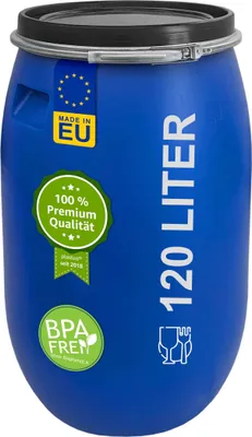 Produktbild von plasteo® 120 Liter Weithalsfass mit Deckel und Spannring Regenfass Kunststofffass Universalfass Deckelfass Maischefass Sauerkrautfass