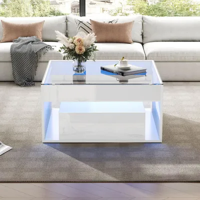 Image de Table basse blanche de 70x70x35 cm avec 2 tiroirs, plateau en verre trempé avec éclairage LED et finition haute brillance