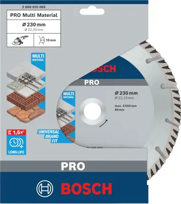 The image shows the packaging of a Bosch PRO Multi Material cutting disc.