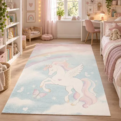 Zdjęcie produktu dla Dziecięcy dywan Kinder Maui, pastelowy jednorożec, wymiary: 200x290 cm, Obraz wygenerowany przez AI
