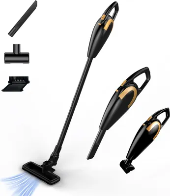 A black and gold stick vacuum cleaner with various attachments is displayed on a white background.