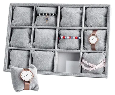 Produktbild von Uhrenbox mit 12 Fächern, Uhrenorganizer, Samt-Uhrenvitrine, Uhrenhalter, verstellbares Kissen zur Aufbewahrung von Armbanduhren, Uhren und Schmuck, 35 x 24 x 5 cm