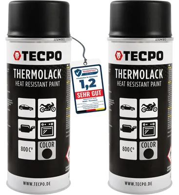 Produktbild von TECPO Thermolack Spray Dose 2X 400ml Auspufflack Autolack Ofenlack Bremssattellack hitzebeständig bis 800°C schnell trocknend Auto Lackspray Schwarz Matt schützt Motor und Auspuff vor Rost (2er-Pack)
