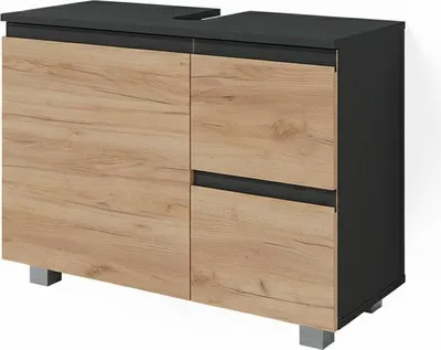 A product shot of a bathroom vanity cabinet with a wood-grain finish and black top and sides, resting on silver legs.