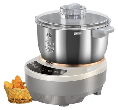 A multifunctional electric dough mixer with a basket of bread in the foreground.
