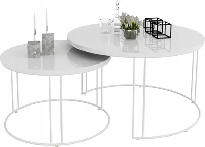 Zdjęcie produktu dla Zestaw Okrągłych Stolików Kawowych 2w1 Salon Loft Biały+Biały Połysk