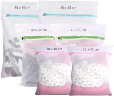 Obrázek produktu pro Sada 6 prádelních sáčků – 3 velikosti (30 x 40 cm, 40 x 50 cm, 50 x 60 cm) – chrání jemné prádlo při praní – skrytý zip – odolný polyester – průhledné